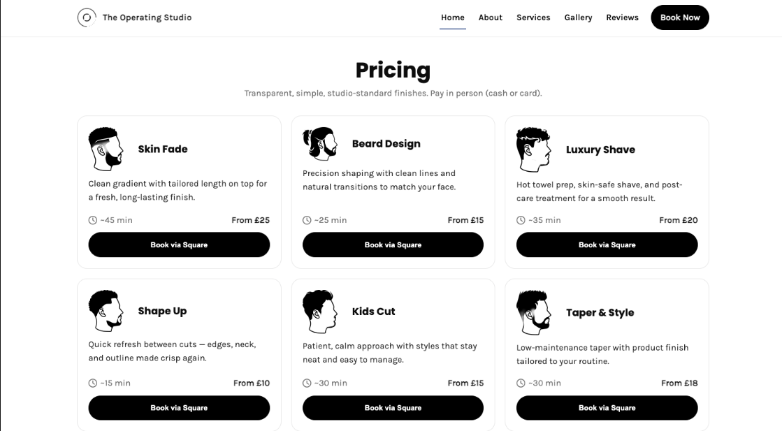 Hero section with barber image and CTA