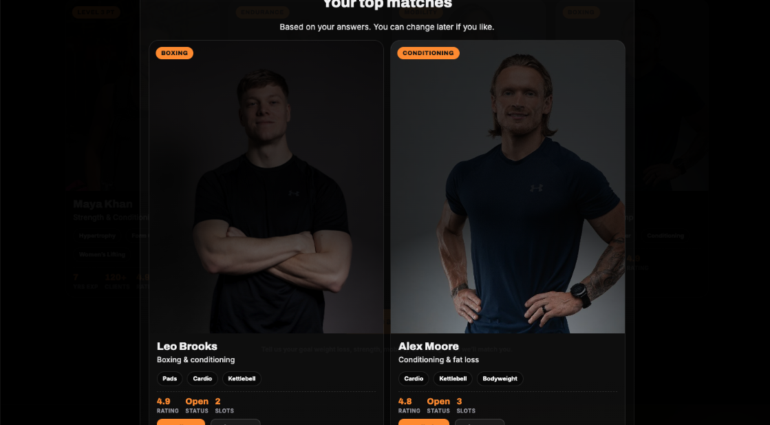 Personal trainer matching quiz