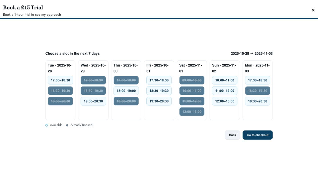 Trial/lesson booking flow with time slot picker